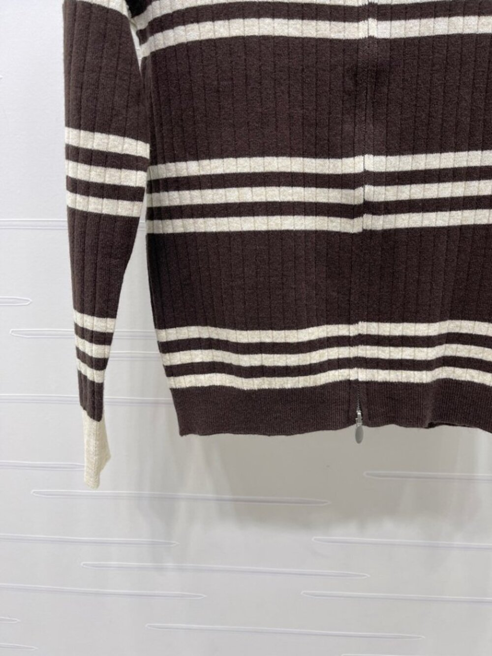 Miu Miu Brown Off‑White Stripe Zip‑Up Collared Knit Sweater - Picture 6 of 8